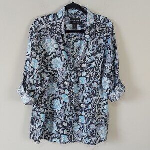Tahari Linen Floral Roll Tab Sleeves Button Down Tunic Top Plus Size 1X Vneck